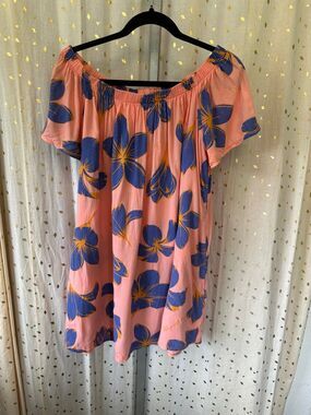 LexBreezy Hawaii Smocked Off-The-Shoulder Plumeria Flutter Sleeves Dress S